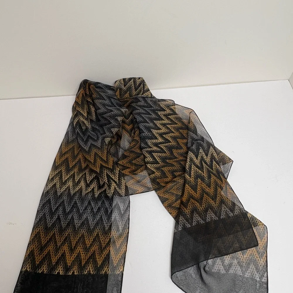 Vintage Chevron Patterned Scarf in Black, Brown and Gray